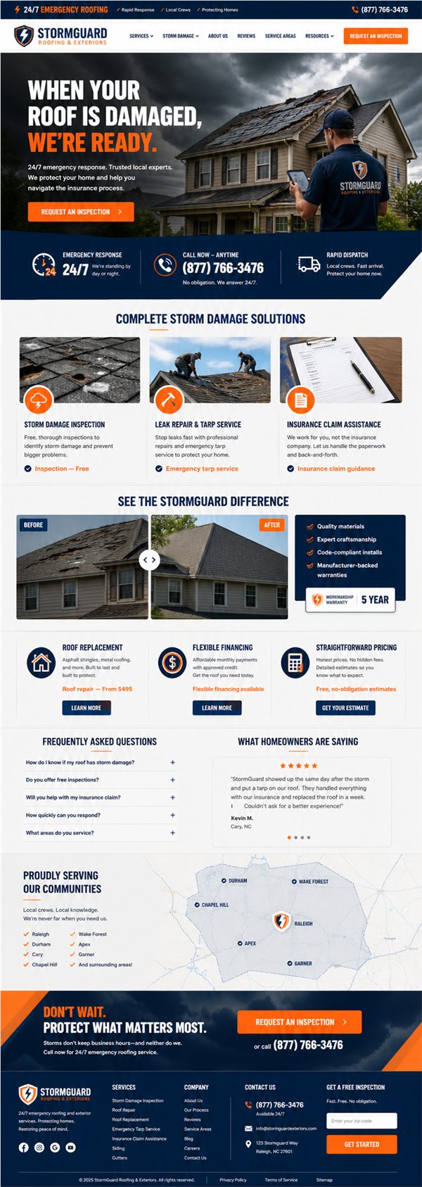 Stormguard Roofing emergency response website concept