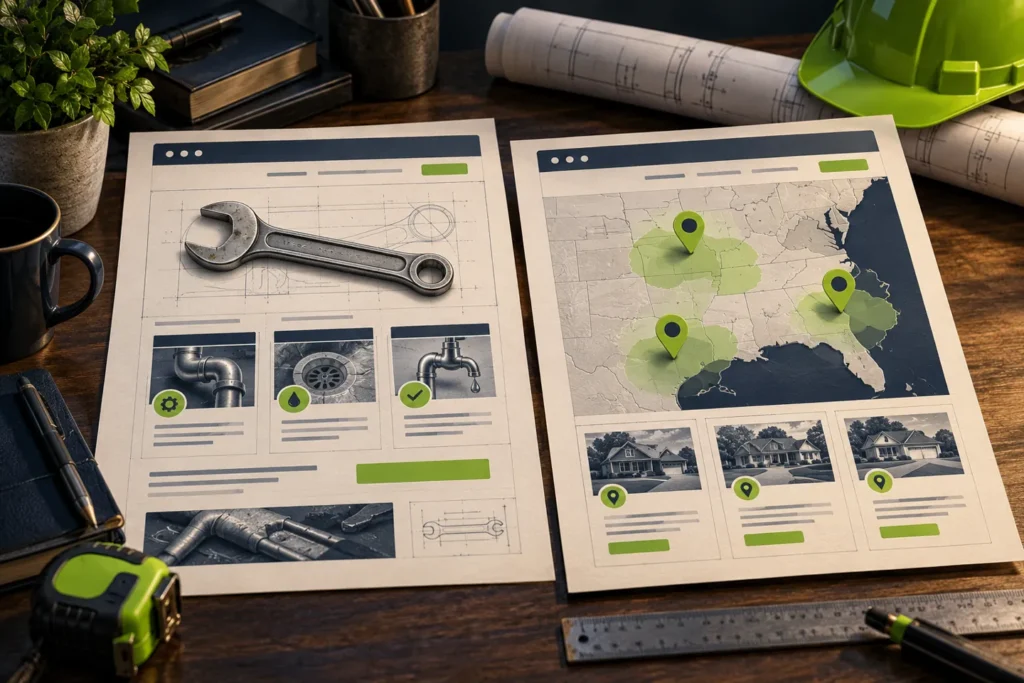 Illustration comparing a plumbing service page blueprint with a regional service area map.