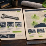 Illustration comparing a plumbing service page blueprint with a regional service area map.