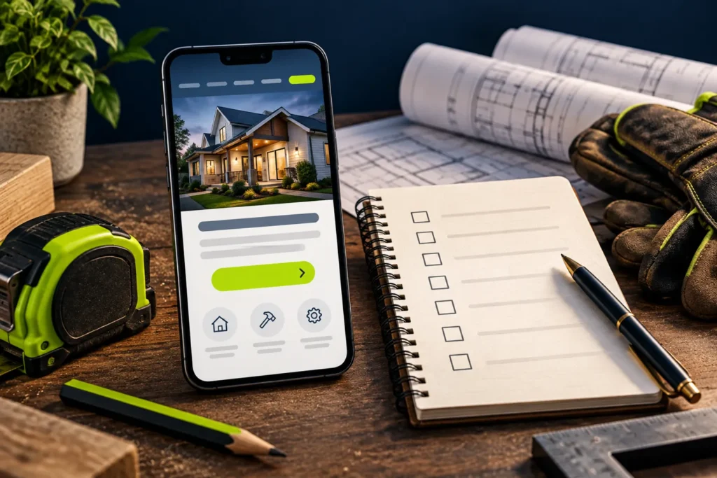 Illustration of a contractor website on a phone beside a blank inquiry checklist.