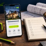 Illustration of a contractor website on a phone beside a blank inquiry checklist.